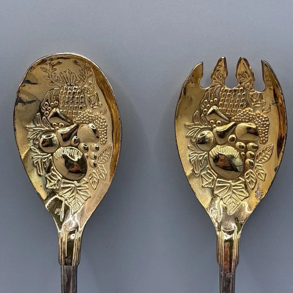 Vintage Gold/Silver  Tone Salad Serving Spoon Fork Set Embossed Fruit Pattern